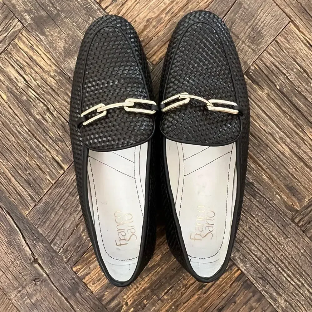 Franco Sarto Black Woven Loafers with Gold Bit